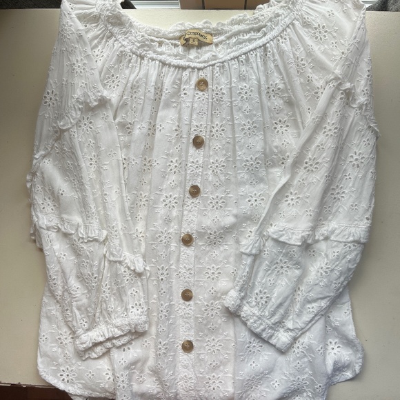 Democracy Tops - Democracy White Eyelet 3/4 Sleeve Blouse